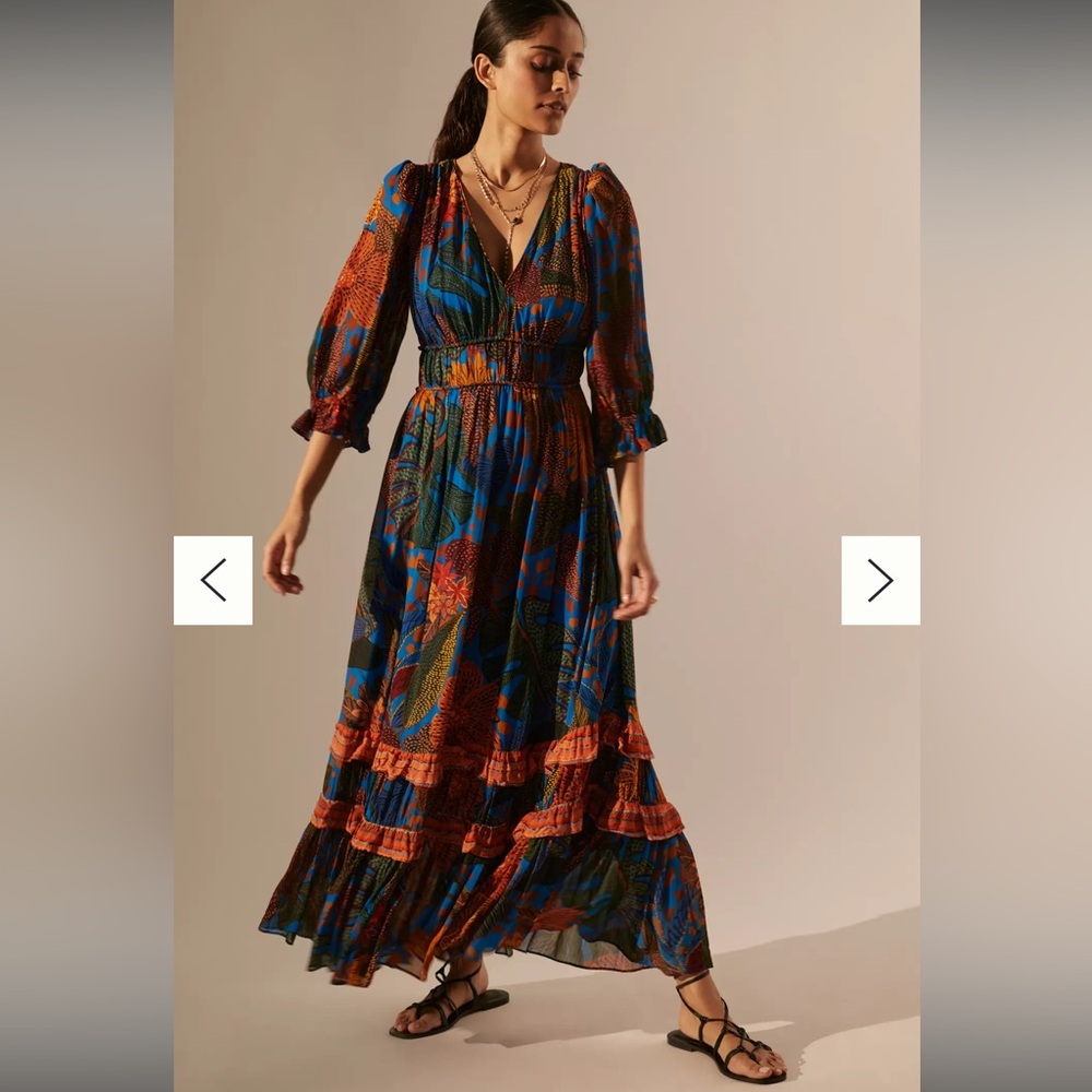 NWTs FARM Rio NWT Puff Sleeve Maxi Dress Floral Print V Neck Ruffle Hem